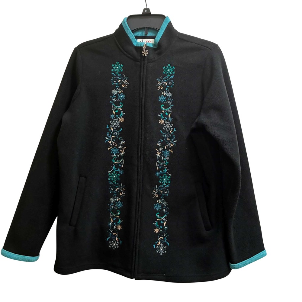 Denim & Co Fleece Jacket Womens S Black Teal Snowflake Embroidered Winter Cozy